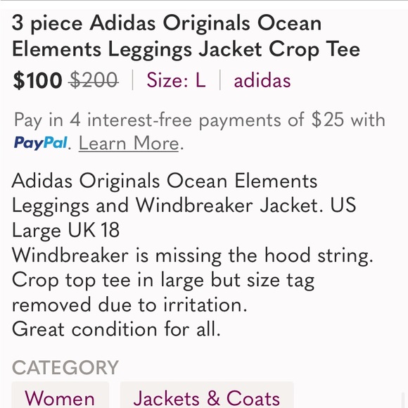 3 piece Adidas Originals Ocean Elements Leggings Jacket Crop Tee - Picture 14 of 14